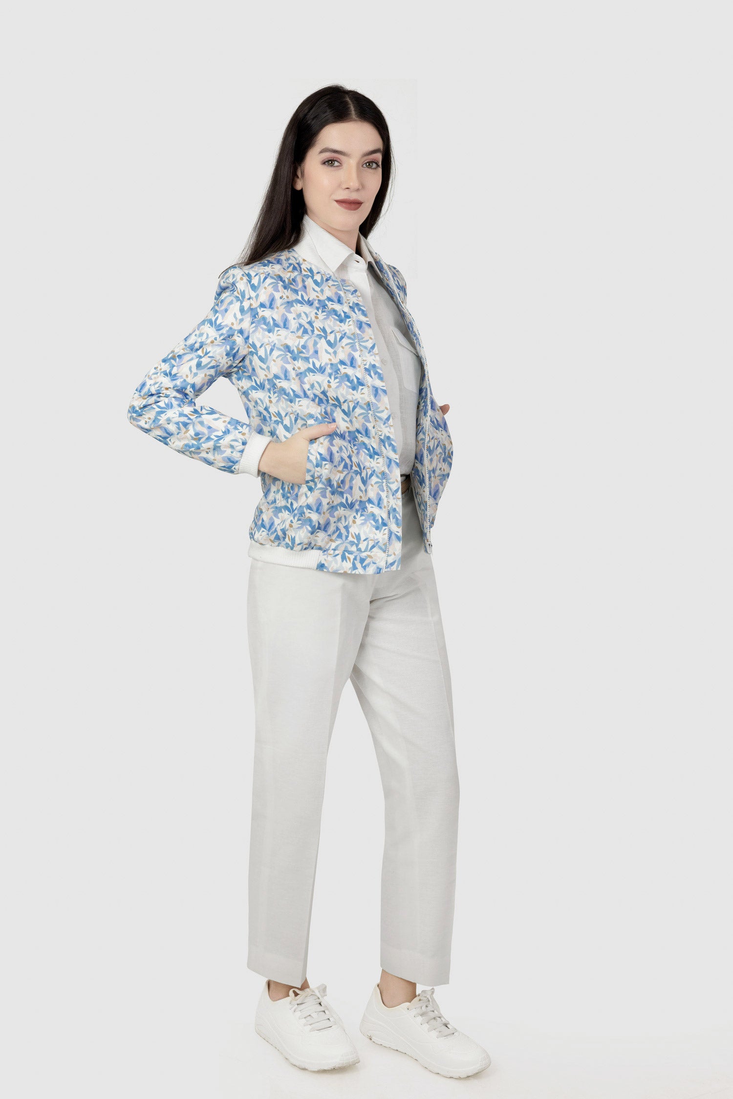 "Linen bomber jacket for women in reactive digital print by Adam Leaves – biodegradable, breathable outerwear"