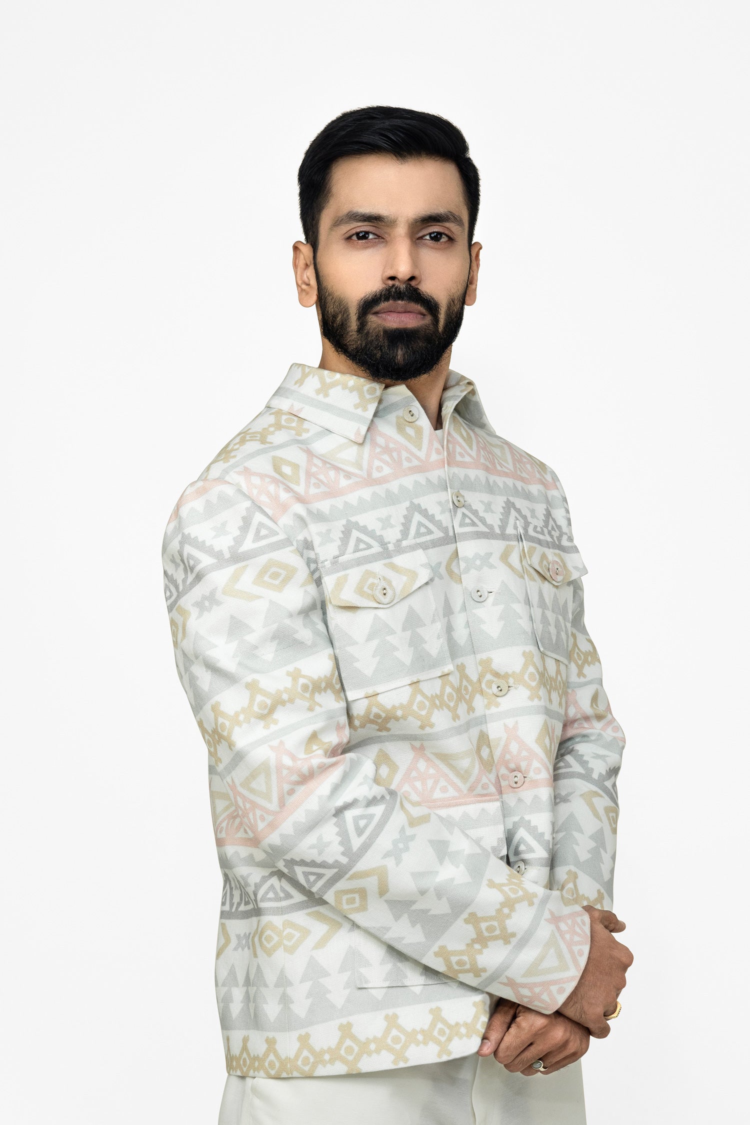 "Linen jacket for men in reactive digital print by Adam Leaves – biodegradable, breathable outerwear"