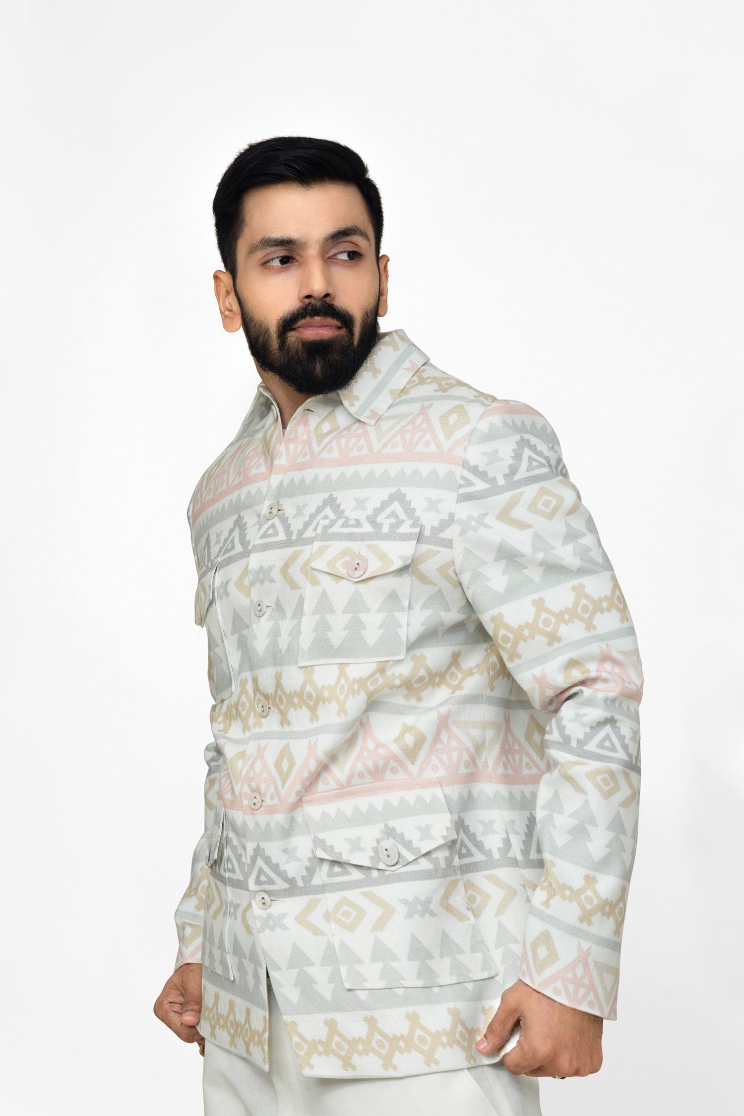 "Linen jacket for men in reactive digital print by Adam Leaves – biodegradable, breathable outerwear"