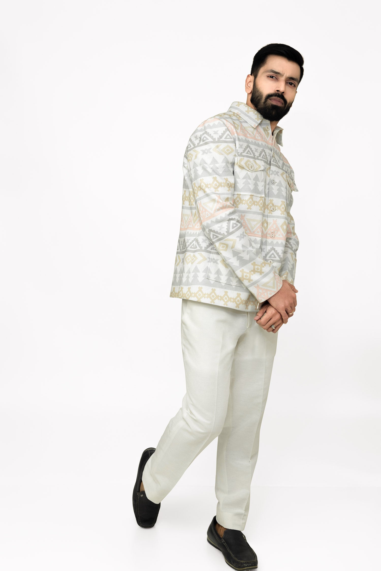 "Linen jacket for men in reactive digital print by Adam Leaves – biodegradable, breathable outerwear"