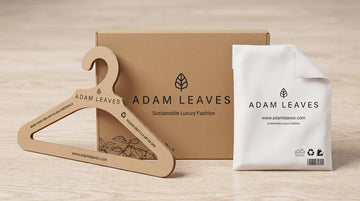 A hanger, cover-bag and a kraft paper boxes with printed 'ADAM LEAVES' branding and website text, arranged on a white background.