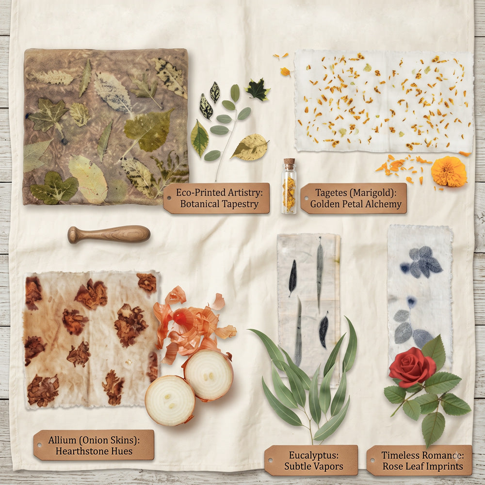 A styled flat-lay product presentation of the 'Adam Leaves: Botanical Eco-Print Collection' on a light wood background. The collection features multiple botanical tapestries and printed sheets with various dried flowers, leaves, and onion skins, each labeled with its scent and theme (e.
