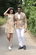 Eco printed hemp blazer and dress pair for men and women by Adam Leaves – between forest.