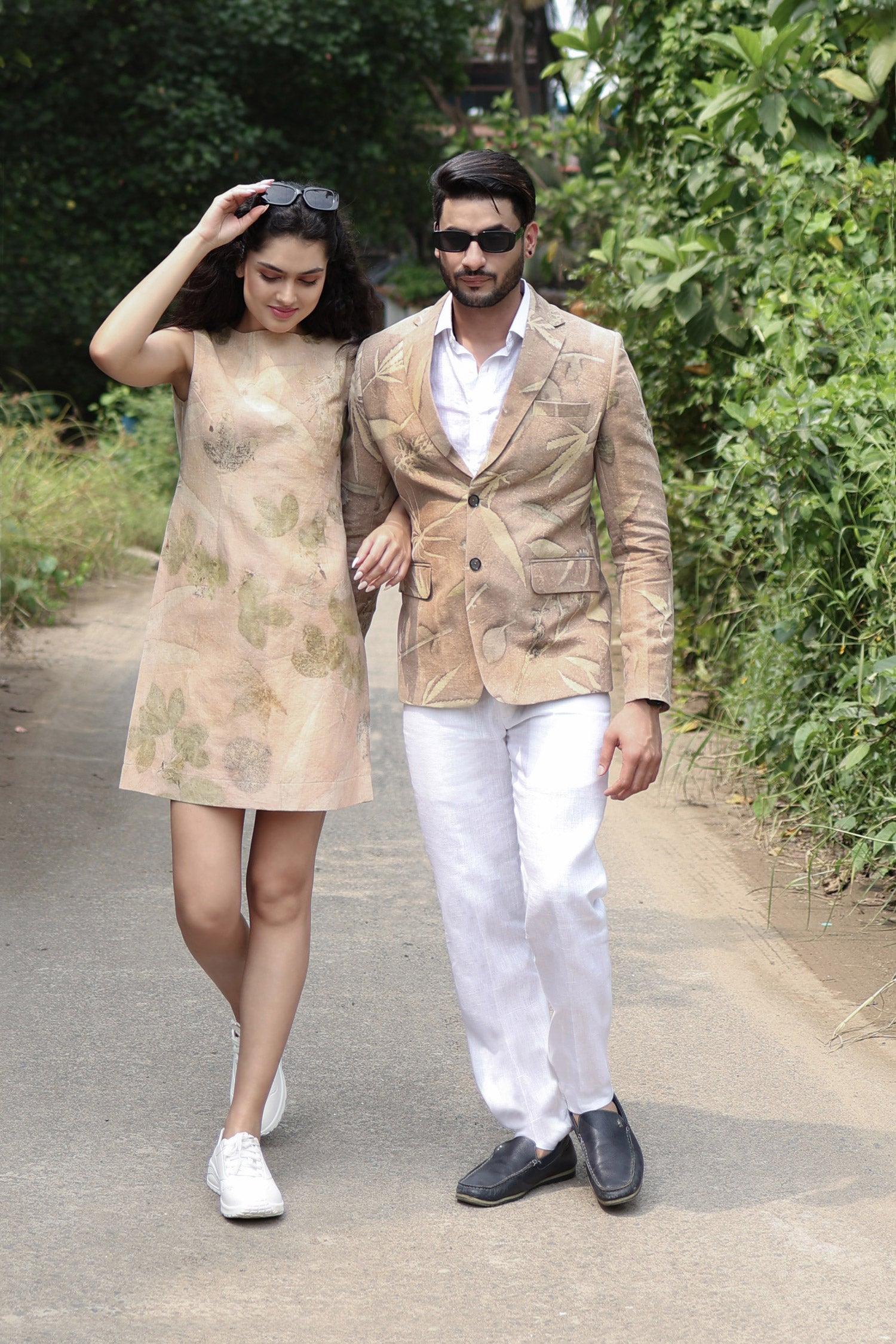 "Eco printed hemp blazer and dress pair for men and women by Adam Leaves – biodegradable, sustainable clothing"