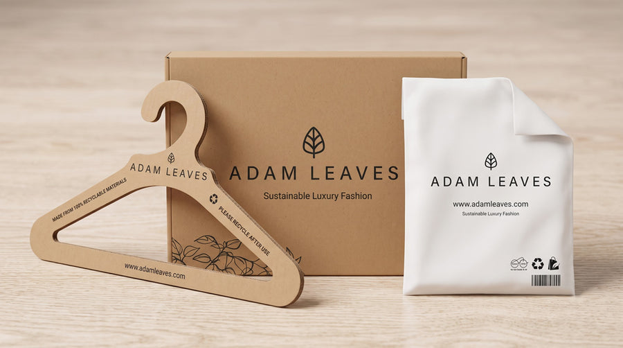A wooden hanger and a white paper pouch, both branded ADAM LEAVES, arranged in front of a brown cardboard box on a light wood surface.