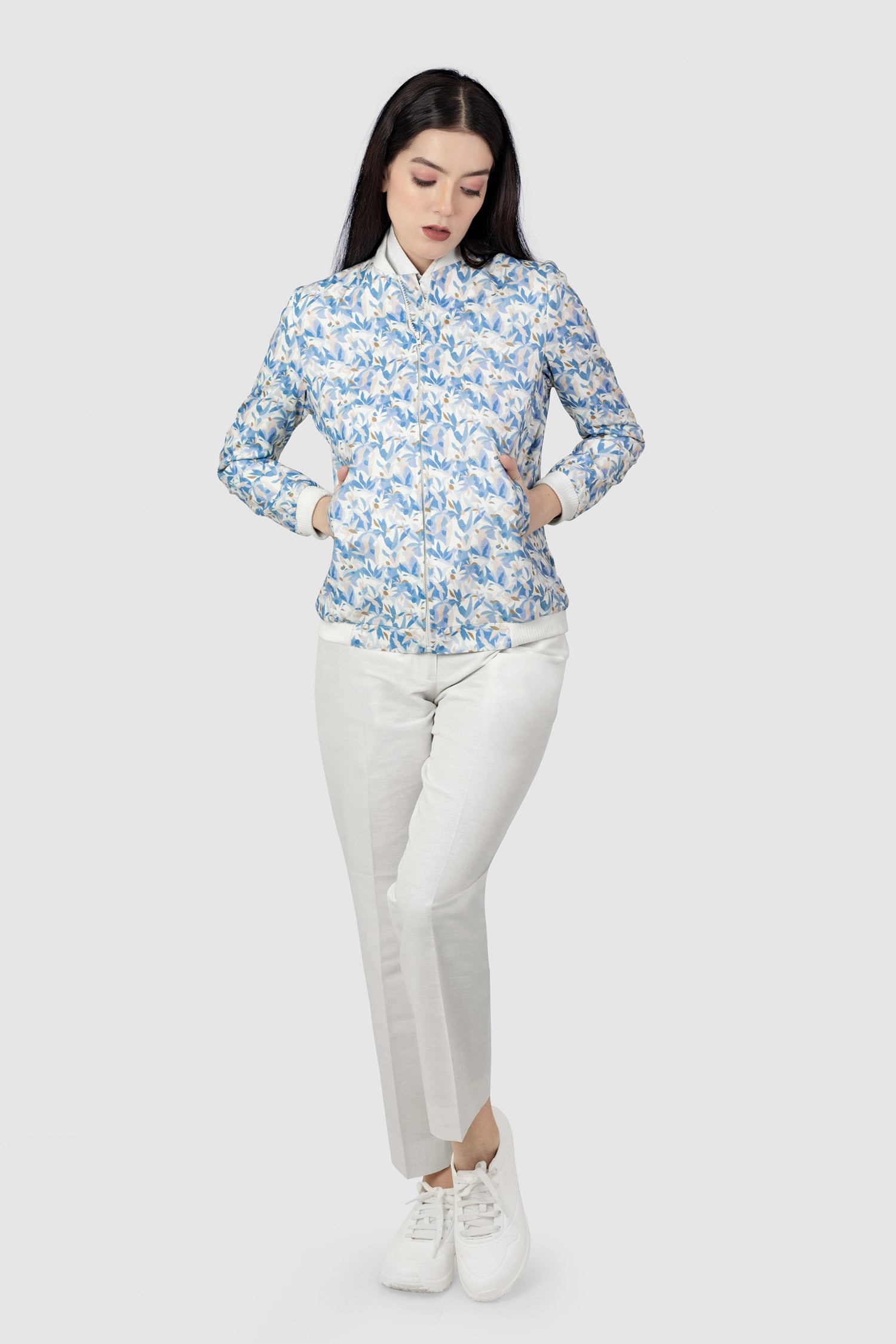 "Linen bomber jacket  for women in reactive digital print by Adam Leaves – biodegradable, breathable outerwear"