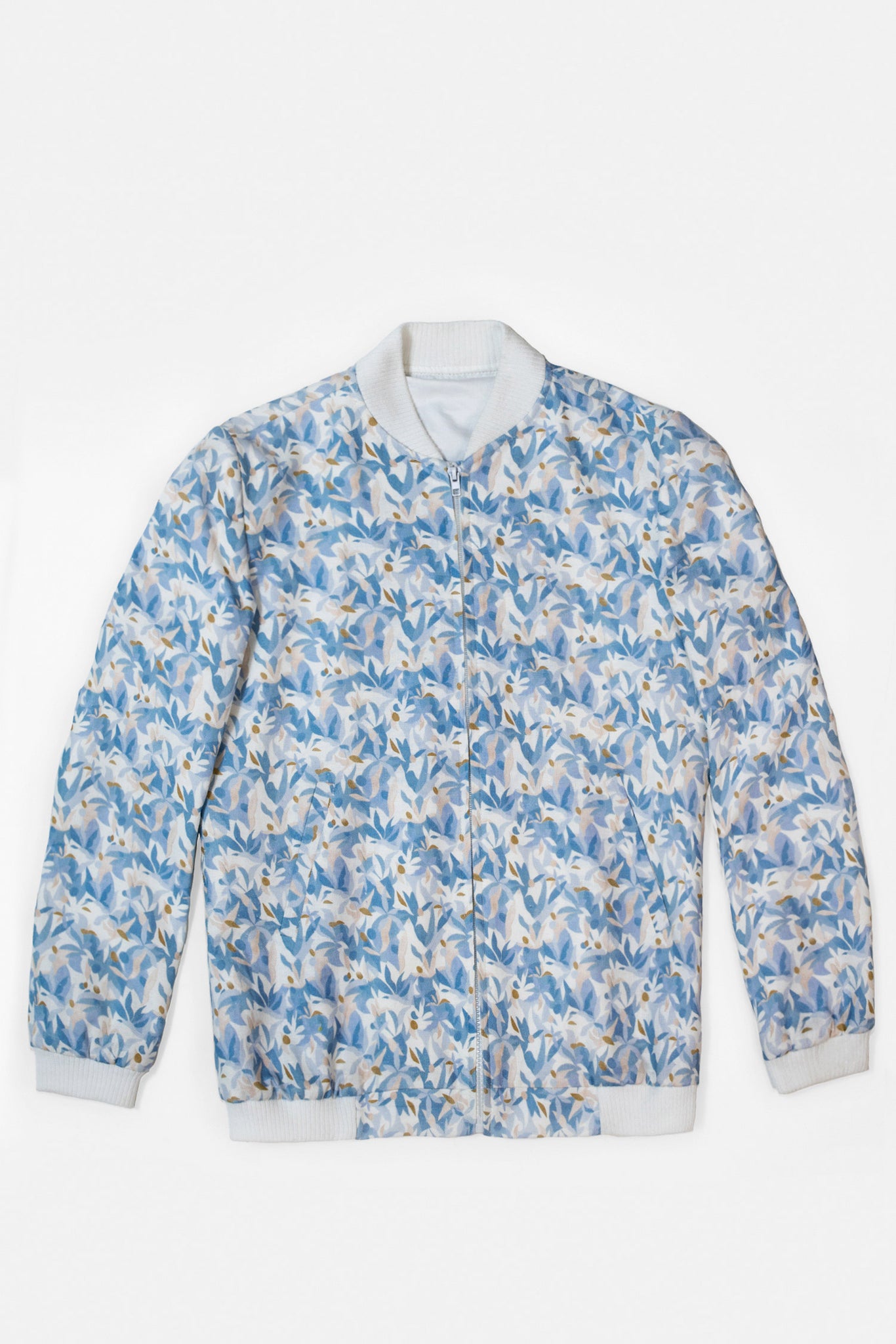 "Linen bomber jacket  for women in reactive digital print by Adam Leaves – biodegradable, breathable outerwear"
