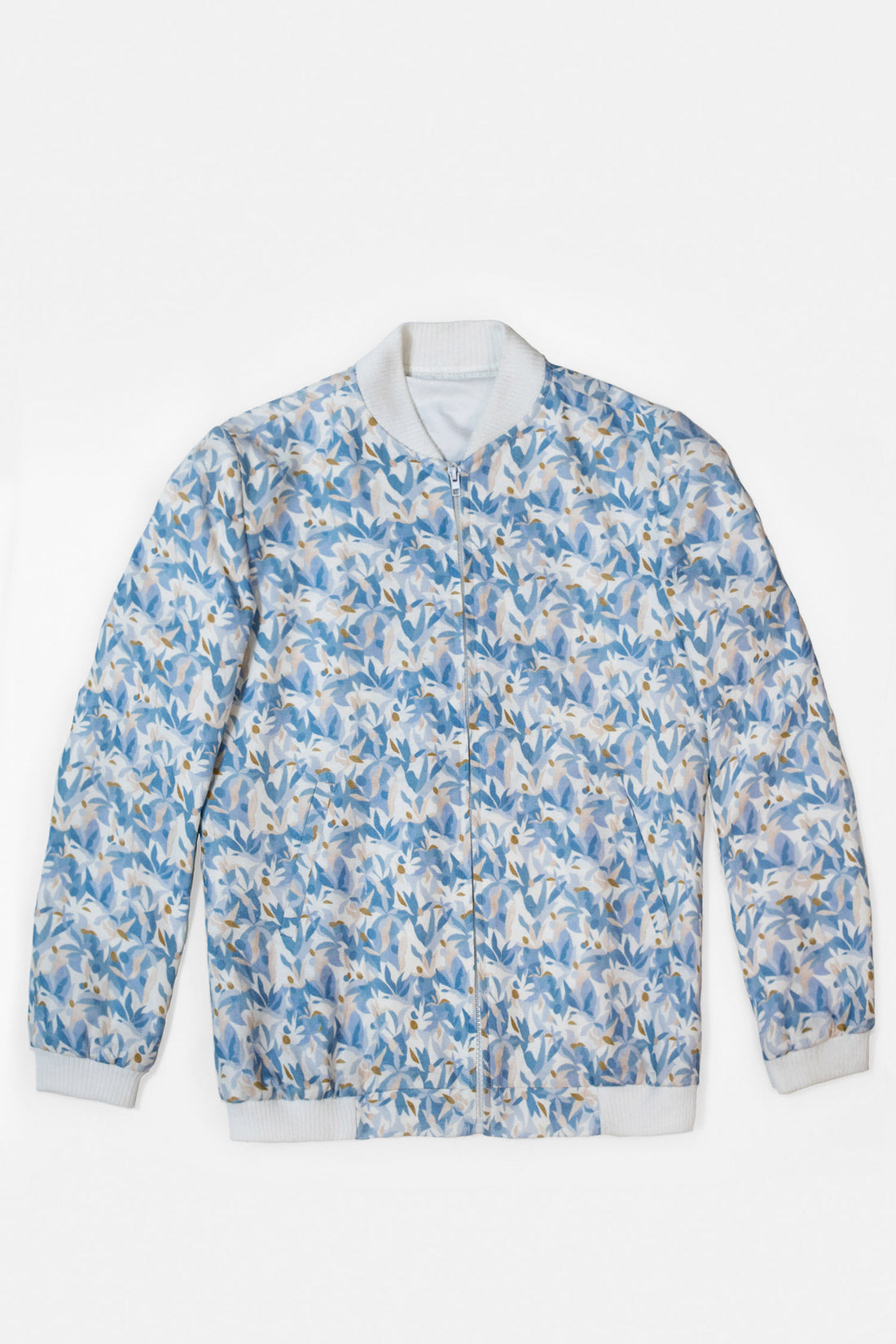 "Linen bomber jacket  for women in reactive digital print by Adam Leaves – biodegradable, breathable outerwear"