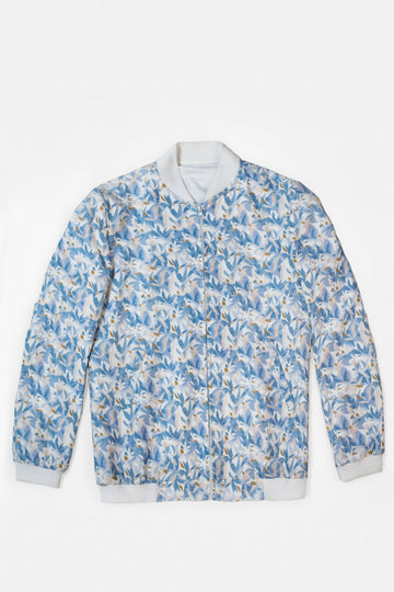 "Linen bomber jacket  for women in reactive digital print by Adam Leaves – biodegradable, breathable outerwear"
