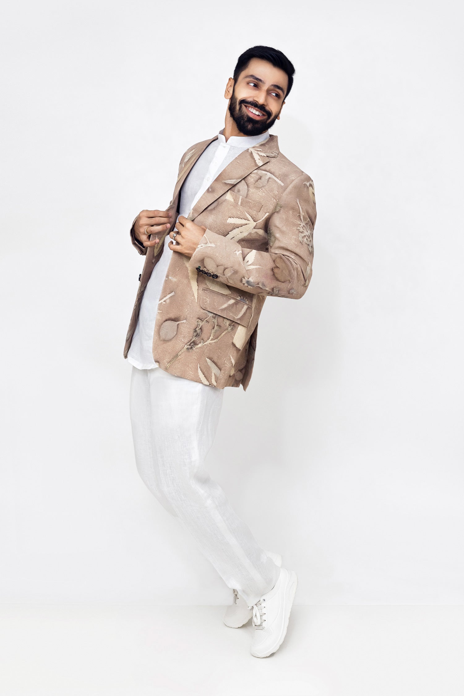 "Eco printed hemp blazer for men by Adam Leaves – biodegradable, sustainable clothing"