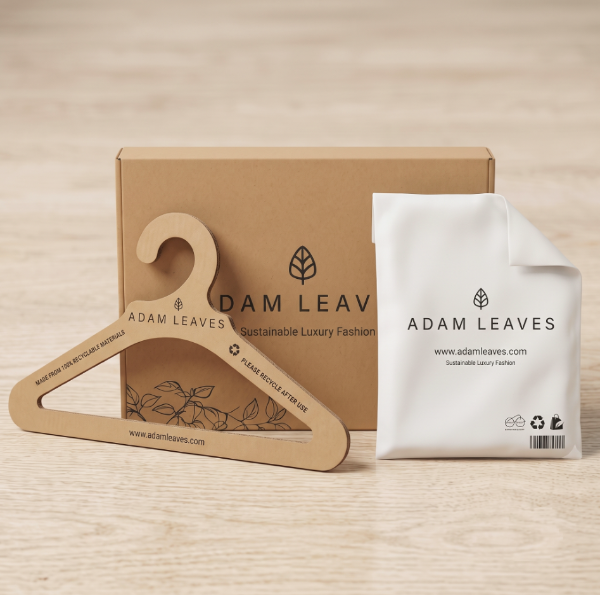 A paper hanger and a white biodegradable mailer pouch, both printed with the brand name 'ADAM LEAVES', displayed in front of their matching brown cardboard packaging on a light brown surface.