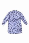 A long-sleeve button-up shirt with an all-over leopard print pattern in shades of purple, gray, and white, shown from the back on a white background.
