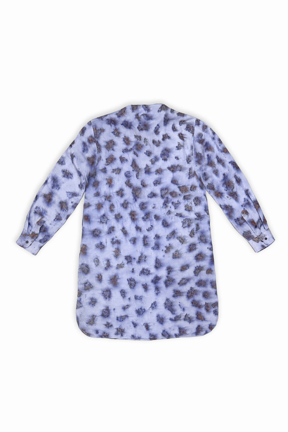 A long-sleeve button-up shirt with an all-over leopard print pattern in shades of purple, gray, and white, shown from the back on a white background.