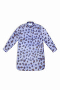 A long-sleeve button-up shirt with a purple and brown leopard print pattern on a light lavender background, displayed flat against a white background.