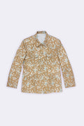 A long-sleeve button-up hemp jacket with a tan base and an all-over light blue and white print of stylized figures, shown flat against a light gray background