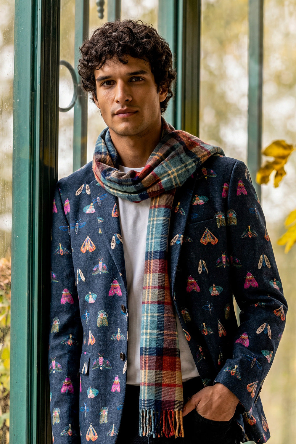 A man wearing a navy blue patterned blazer with colorful moth motifs, a red and blue plaid scarf, and a white t-shirt, standing in front of a green metal gate.