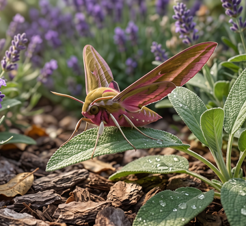A close-up of a pink and yellow hawk moth perched on a green leaf in a garden with purple flowers and mulch in the background.