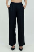 A pair of black wide-leg trousers with a mid-rise waist, front buttons, and a relaxed fit. The trousers are fully lined and have a hook and bar closure at the waistband with an adjustable elastic belt.