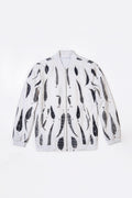 A white zip-up hemp bomber jacket featuring a black eco-print, displayed flat against a plain white background.