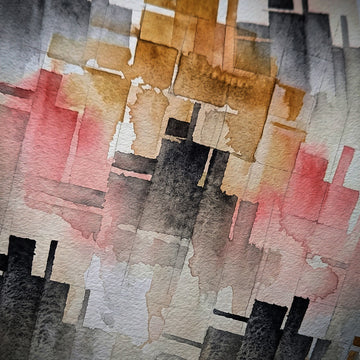 Abstract watercolor painting with layered geometric blocks and drips in black, gray, beige, brown, and soft pink on textured paper.