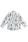 A long-sleeve button-up shirt with a white base and a dark gray abstract eco-print, displayed flat against a white background.