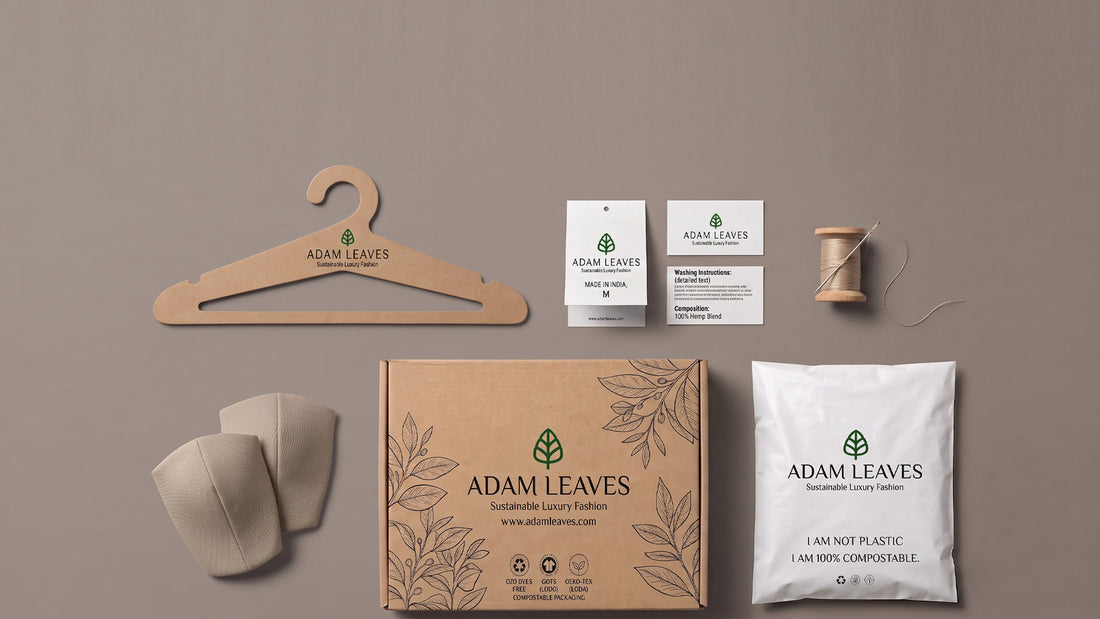 A styled flat-lay of a sustainable clothing care set by Adam Leaves, including a wooden hanger, two business cards, a spool of thread, two beige fabric care bags, and a brown cardboard box with printed leaf designs and a white compostable pouch.