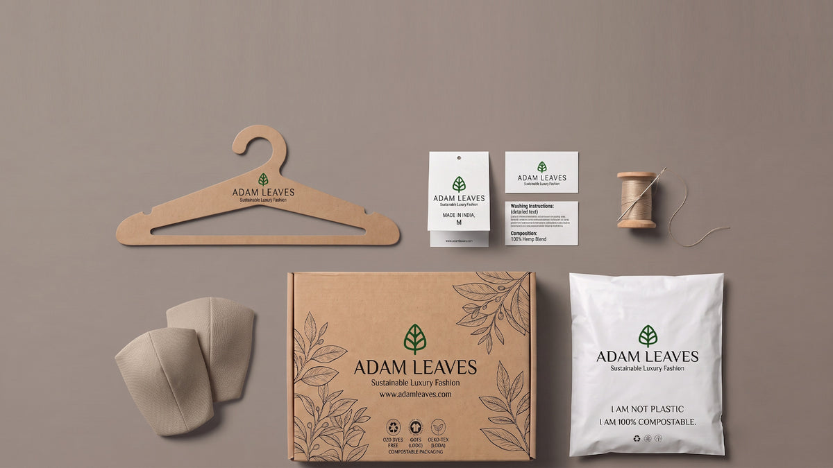 A styled flat-lay of a sustainable clothing care set by Adam Leaves, including a wooden hanger, two business cards, a spool of thread, two beige fabric care bags, and a brown cardboard box with printed leaf designs and a white compostable pouch.