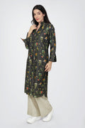 A woman standing against a white background, wearing a floral print long sleeve kurta with a mandarin collar and a V-shaped neck.