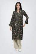 A woman standing against a white background, wearing a floral print long sleeve kurta with a mandarin collar and a V-shaped neck.