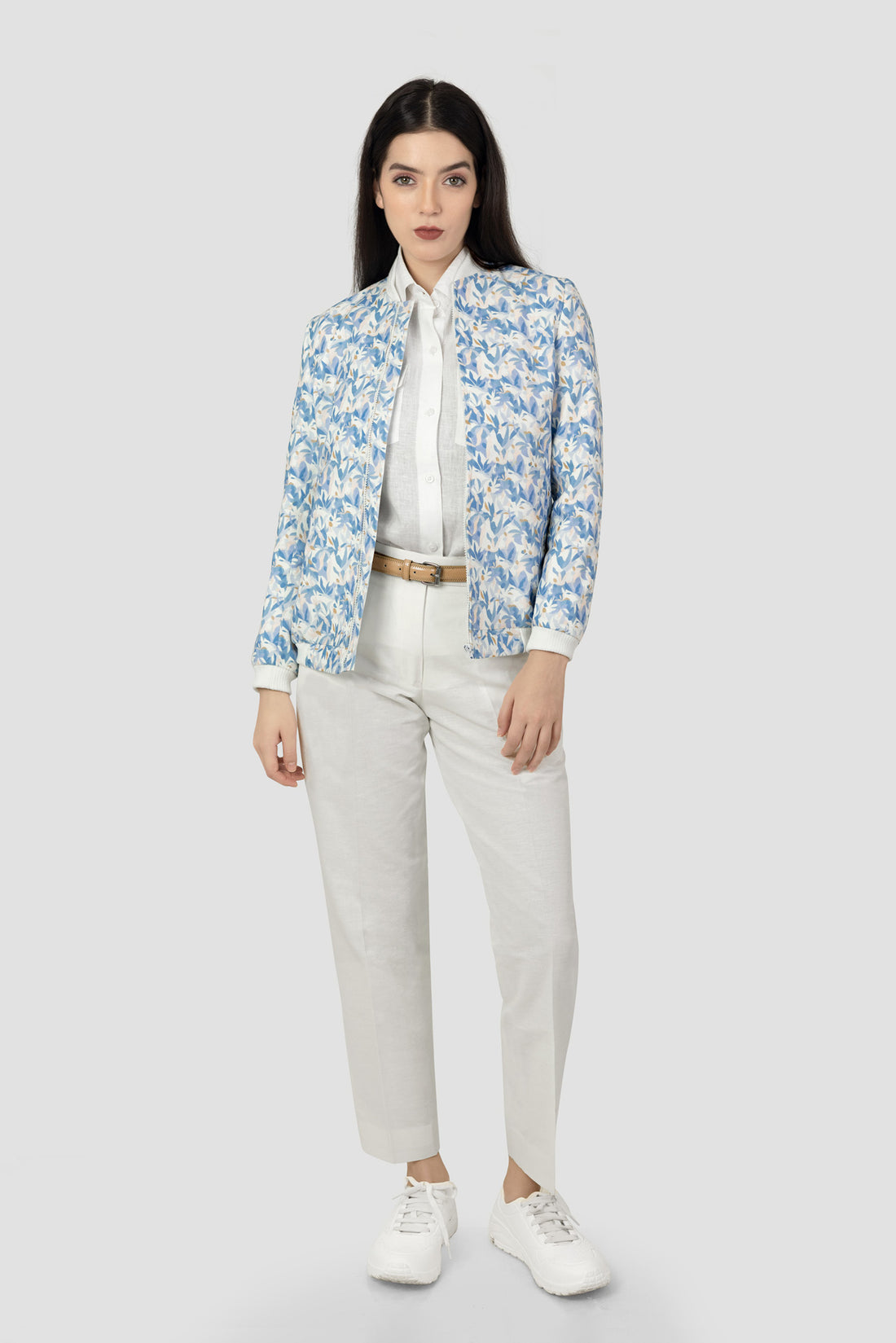 "Linen bomber jacket  for women in reactive digital print by Adam Leaves – biodegradable, breathable outerwear"