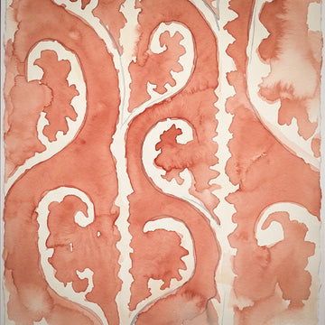 Watercolor abstract pattern artwork featuring flowing, organic scroll-like shapes in terracotta and dusty rose tones on a warm off-white background.