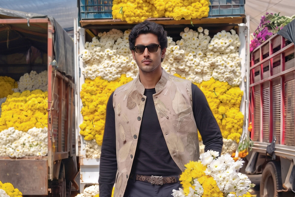 A man wearing sunglasses, a black long-sleeve shirt, and a beige eco-printed vest stands in front of a truck loaded with yellow and white flowers.