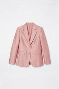 A light pink textured silk blazer with notch lapels, a two-button front closure, and flap pockets, displayed flat against a clean white background.