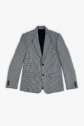 A gray and white micro-check patterned cotton blazer with a black double-breasted lining, displayed flat against a light gray background.