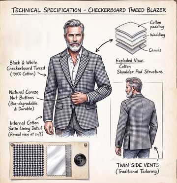 Technical specification diagram for a checkerboard tweed blazer, showing a front and back view of a man wearing the jacket, an exploded view of the cotton shoulder pad structure, a fabric swatch, and text detailing the black and white checkerboard tweed, natural corozo button, satin lining, and twin side vents.
