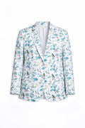 A white linen blazer jacket featuring a vibrant tropical floral and bird pattern in shades of blue, green, and pink, displayed on a clean white background.