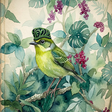 Watercolor-style illustration of a small green bird perched on a branch among tropical leaves and clusters of purple berries, with a cream background.
