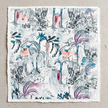 A square art print or textile panel featuring an abstract botanical pattern with palm-like leaves, floral elements, and sketchy architectural forms in black, gray, white, blue, and pink tones, displayed against a textured light gray background.