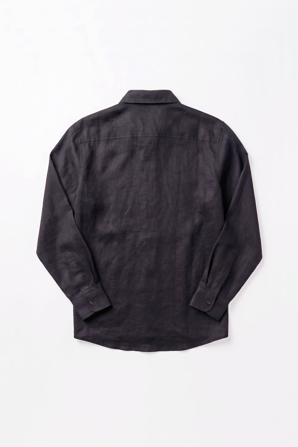 A dark charcoal gray hemp shirt shown from the back, laid flat against a clean white background.