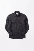 A dark charcoal gray long-sleeve button-up hemp shirt with two chest flap pockets, laid flat against a light gray background.
