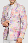 Pastel abstract patterned blazer worn by a person on a white background