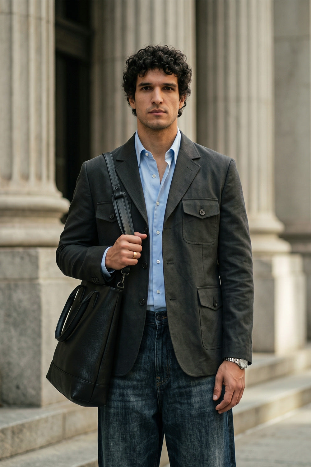 A man wearing a dark charcoal gray linen blazer over a light blue button-down shirt and dark blue jeans, carrying a black leather shoulder bag, standing in front of a stone building with columns.