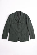 A dark olive green military-style linen blazer with four front flap pockets, laid flat against a white background.