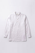 A white long-sleeve linen shirt with a mandarin collar and a three-button henley neckline, displayed flat against a light gray background.