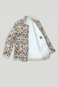 A floral linen bomber jacket with a collar, featuring a front zipper and ribbed cuffs. 