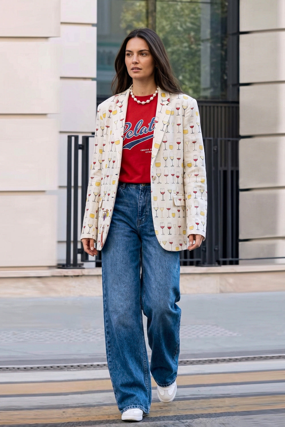 Woman walking outdoors in the Jam hemp boyfriend blazer with a red tee, wide-leg jeans and white sneakers
