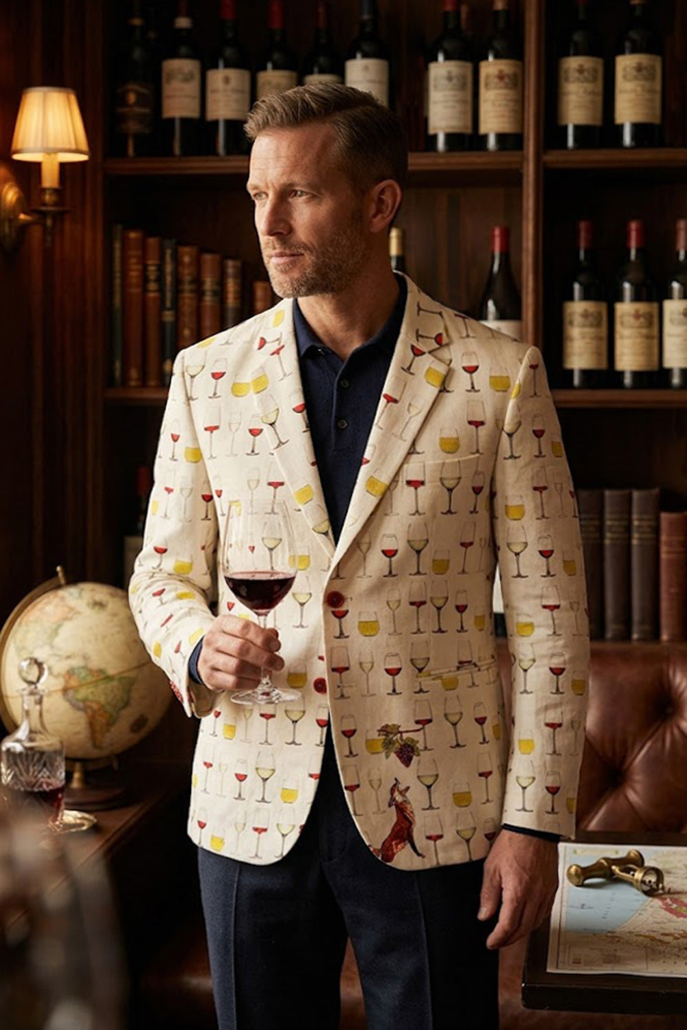A man wearing a cream-colored blazer with a repeating wine glass and cocktail pattern, holding a glass of red wine in a wine-shop library setting.