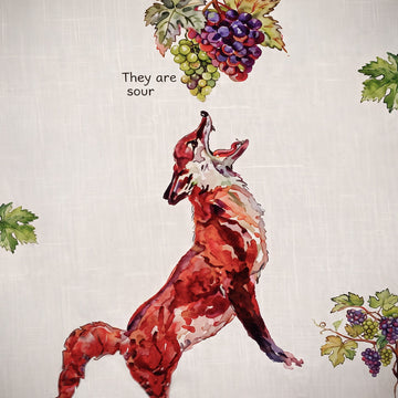 A square textile or print featuring a watercolor-style fox howling upward, with grape clusters and green leaves around it, plus the text 'They are sour' on a light beige textured background.