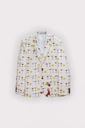 A white blazer jacket featuring an all-over print of wine glasses in red, yellow, and green, with a small red rose detail near the bottom front, displayed against a light gray background.