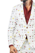 Man wearing a white suit jacket with colorful drink pattern and red shirt underneath.
